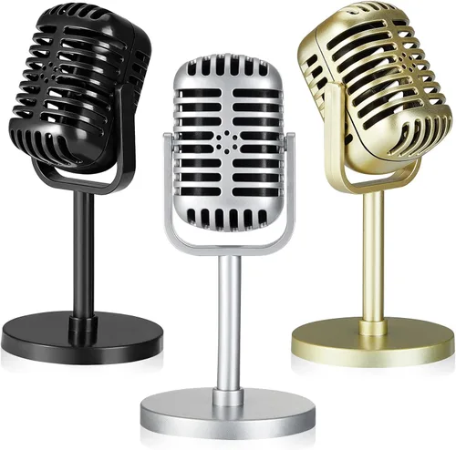 3 piezas de accesorios de micrófono retro, accesorios de micrófono vintage, accesorios de juguete con soporte, micrófono falso de plástico,