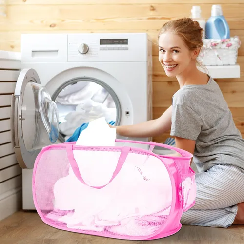 Miniatura 2 de Cestas plegables duraderas para la lavandería, cesta de malla con bolsillo lateral, cesta de almacenamiento de ropa plegable con asas de transporte