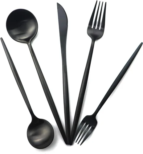 Miniatura 4 de Juego de cubiertos de acero inoxidable 18/10 con mango negro mate de 6 piezas, juego de cubiertos negros, juego de utensilios para el hogar