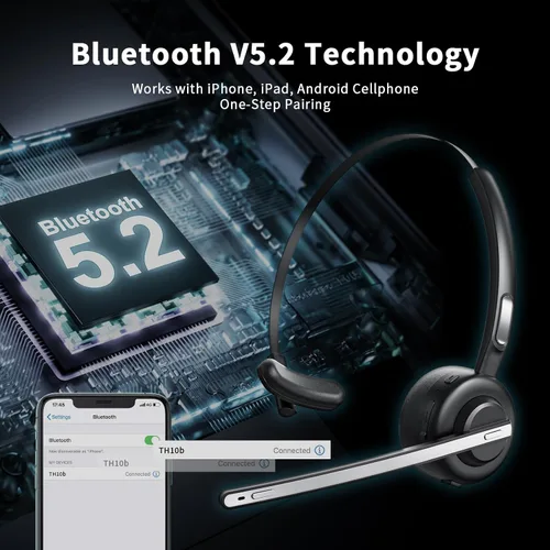 Miniatura 4 de Auriculares Bluetooth, V5.2 Trucker Wireless Headset con cancelación de ruido micrófono y base de carga para iPhone Samsung teléfono celular