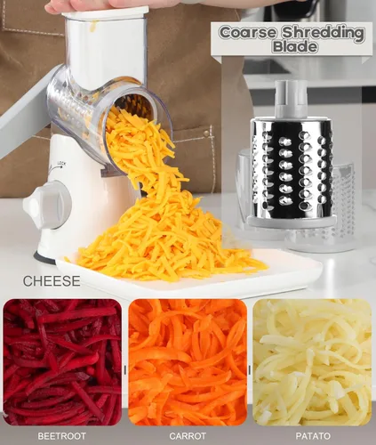 Miniatura 2 de Ourokhome rallador giratorio de queso, triturador con 3 cuchillas de tambor, rebanador rápido y manual para frutos secos, con base con gran succión