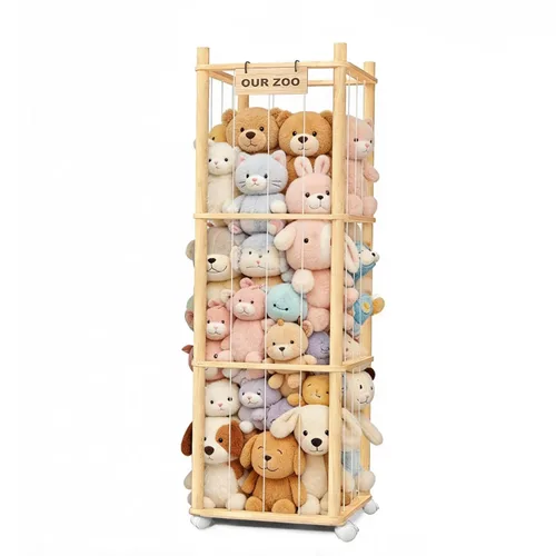 Almacenamiento de animales de peluche, almacenamiento de zoológico de animales de peluche de madera con ruedas de freno, organizador de juguetes de