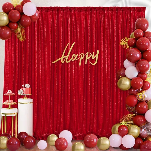 Miniatura 4 de Cortinas con lentejuelas doradas, 2 unidades de 2 x 8 pies, con brillantina, telón de fondo para bodas Rojo