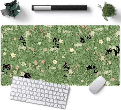 Tapete de Escritorio Verde XL Gato Lindo Planta Genial Almohadilla de Escritorio Tapete de Teclado Kawaii Gato Negro Flor Mousepad Tapete de B-cat