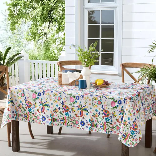 Newbridge Mantel de vinilo de arte popular Otomi de primavera y Pascua, 52 x 52 pulgadas, cuadrado de colores de pájaros, corazones y flores,