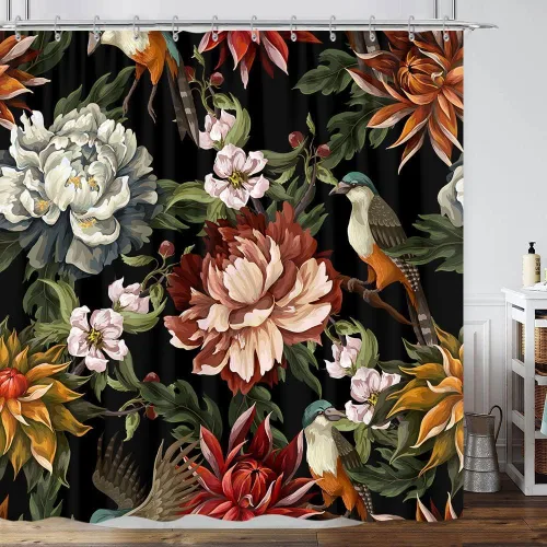 Miniatura 32 de Cortina de ducha de mariposa floral negra y dorada, cortina de ducha bohemia con diseño botánico de flores oscuras para baño con gancho, juego