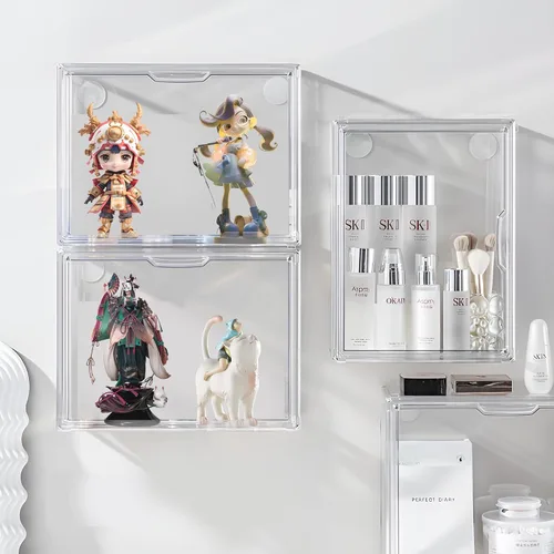 Miniatura 7 de Vitrina acrílica para figuras, organizador de almacenamiento transparente de 3 niveles montado en la pared, caja de exhibición con puerta magnética