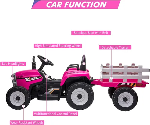 Miniatura 3 de Tractor Eléctrico de 12V con Batería para Niños con Remolque, Carro Montable para Niños Pequeños con Control Remoto/7 Faros LED/Cambio de Marchas