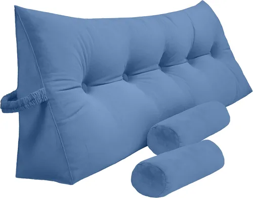 Peachwell Almohada triangular de lectura para reposo en cama, cojín grande tipo cabecero, respaldo en cuña con dos almohadas cilíndricas Azul