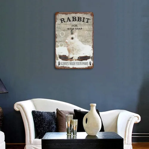 Miniatura 4 de Placa colgante de hierro vintage con diseño de conejo y jabón de metal con texto en inglés "Wash Your Paws", letrero de hojalata retro divertido