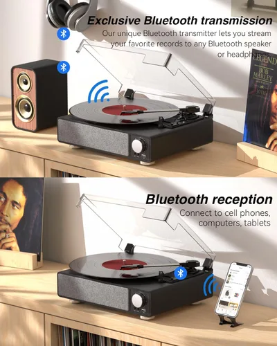 Miniatura 2 de MONODEAL - Tocadiscos de vinilo con altavoces, tocadiscos de 3 velocidades para discos de vinilo con transmisor Bluetooth, parada automática, salida