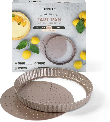 HAPPIELS - Sartén antiadherente de 9 pulgadas para tartas con fondo extraíble | Lata de tarta y quiche estriada libre de PFOA y BPA, no tóxica |