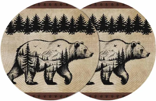 Juego de 2 manteles individuales redondos vintage con diseño de oso negro y pino, manteles individuales lavables de tejido retro rústico para