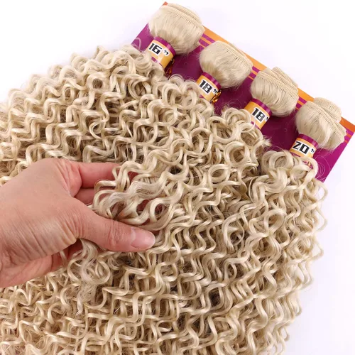 Miniatura 2 de Extensiones de cabello sintético rubio rizado ondulado, paquetes de 16 18 18 20 pulgadas, color 613. Extensiones de trama de cabello sintético Jerry