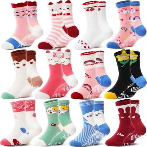 Miniatura 8 de Welwoos Calcetines de algodón transpirable para bebés y niñas pequeñas, 12 pares de calcetines antideslizantes antideslizantes de animales