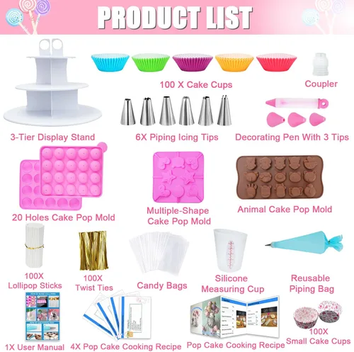 Miniatura 2 de Kit para hacer pasteles con 3 juegos de moldes de silicona, soporte de exhibición de 3 niveles, puntas de tuberías, magdalenas, instrucciones