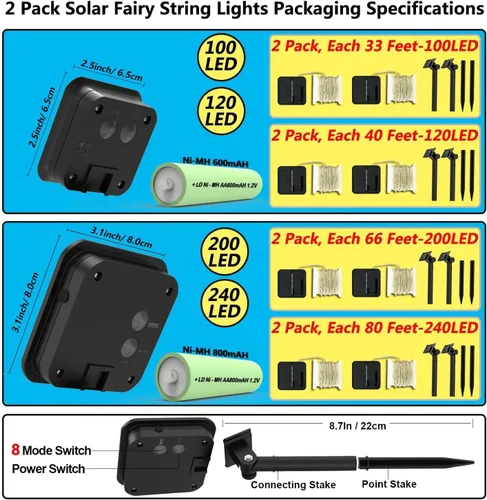 Miniatura 2 de Guirnalda de luces LED con energía solar actualizada, 8 modos, resistente al agua, IP65, iluminación intermitente, para interior y exterior, Blanco