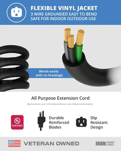 Miniatura 6 de Iron Forge Cable Cable de extensión negro de 6 pies, 16/3, cable de extensión de 6 pies, 3 puntas, resistente a la intemperie, ideal