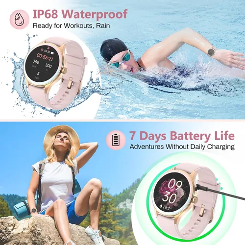 Miniatura 7 de Reloj inteligente para mujer, compatible con iPhone y Android, ritmo cardíaco SPO₂ y seguimiento de la salud de la mujer, más de 100 modos