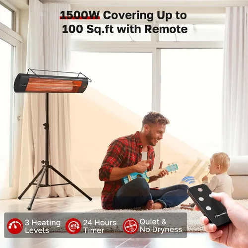 Miniatura 4 de ThermoMate Calentador Infrarrojo de Patio para Exteriores con Trípode, Eléctrico 1500W IP65 Impermeable con Control Remoto, 3 Niveles de Calefacción