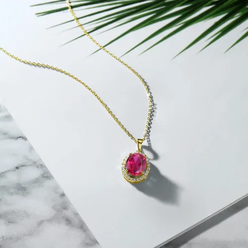 Miniatura 3 de Gem Stone King Collar con dije de piedra natal de 18K oro amarillo chapado en plata con halo de gema ovalada de 11X9MM para mujer Con cadena