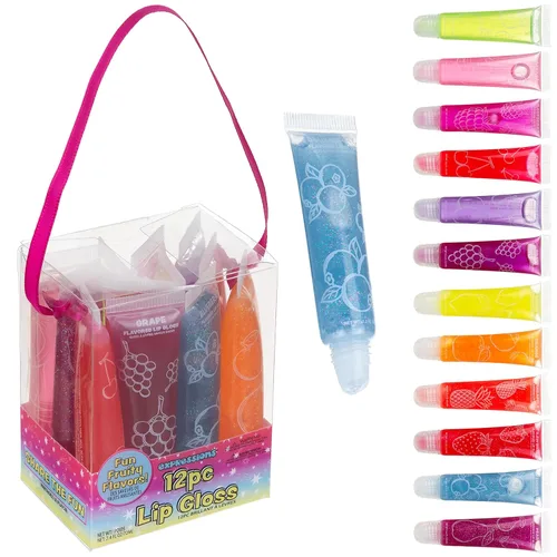 EXPRESSIONS Juego de 12 brillos de labios saborizados a granel | Tubos de compresión no tóxicos, seguros para niños para recuerdos de fiesta,