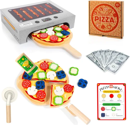 WOODMAM Montessori - Juego de juguetes de pizza, comida realista con caja de horno, juguetes educativos de aprendizaje para niños en edad preescolar
