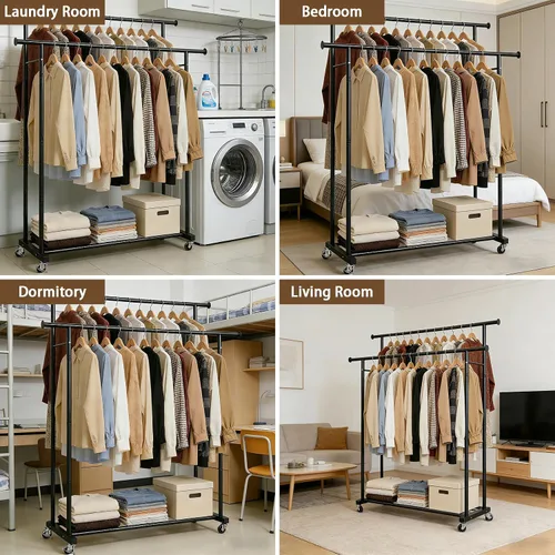 Miniatura 7 de Perchero de doble barra para colgar ropa, portátil, con ruedas, perchero de metal resistente con estantes dobles para dormitorio, lavandería, sala