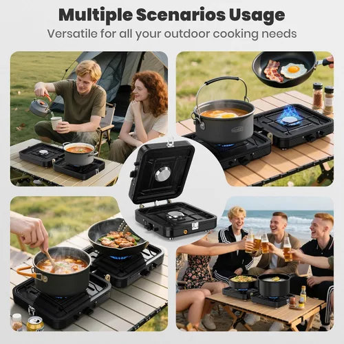 Miniatura 7 de Estufa de propano para camping, 2 quemadores de 20000 BTU, estufa de propano plegable portátil con bolsa de transporte, quemadores de alto calor