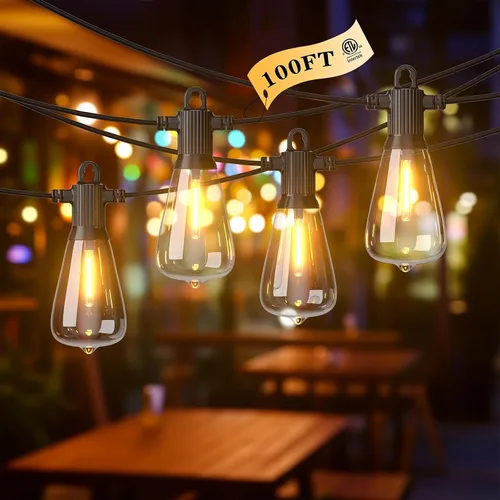 Miniatura 10 de Guirnalda de luces LED para exteriores, 25 pies, impermeables, para patio, con 12+1 bombillas Edison ST38 inastillables, luz colgante blanca cálida
