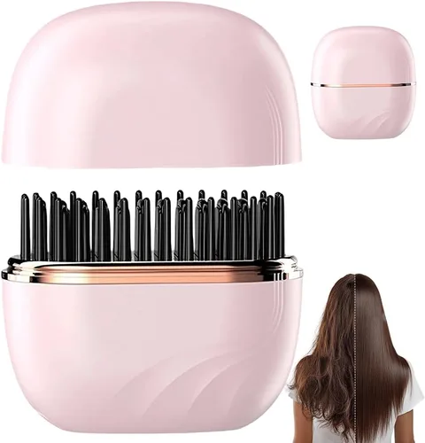 Mini alisador de pelo, peine caliente recargable inalámbrico 2 en 1, alisador de pelo portátil para viajes con calentamiento rápido y diseño Rosa