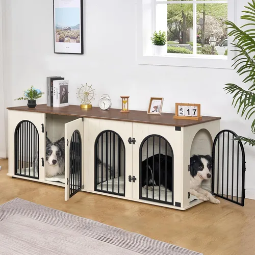 Miniatura 14 de Hzuaneri Mueble de jaula para perros de 88.4 pulgadas para 2 perros, soporte de TV para perreras de interior resistente, jaula de madera XXL