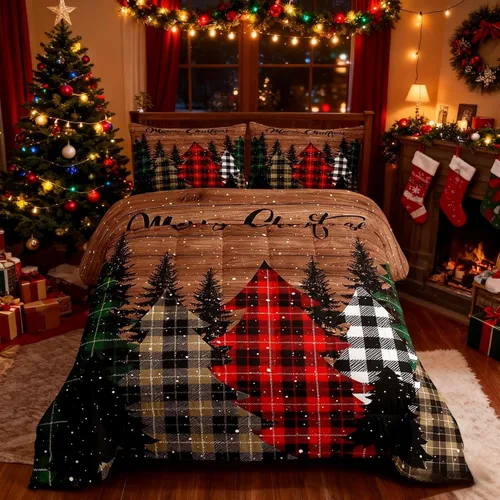 Miniatura 53 de Juego de edredón de Feliz Navidad para niños, tamaño twin, juego de ropa de cama de camión rojo árboles de pino copos de nieve, decoración
