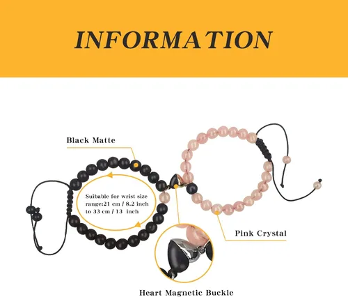 Miniatura 21 de 2 pulseras magnéticas para parejas, piedra natural negra mate, cristal para votos de amor eterno, juego de pulseras de cuentas de piedra de energía