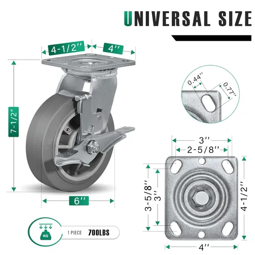 Miniatura 2 de 6x2 Ruedas giratorias de alta resistencia -Ruedas giratorias industriales, Ruedas de goma（Banda plana）- Juego de 4 con capacidad de hasta 2800 LB
