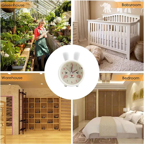 Miniatura 7 de Reloj despertador de silicona silencioso sin tictac para niños, con diseño de animal, para viajes, con luz nocturna (A- conejo blanco)