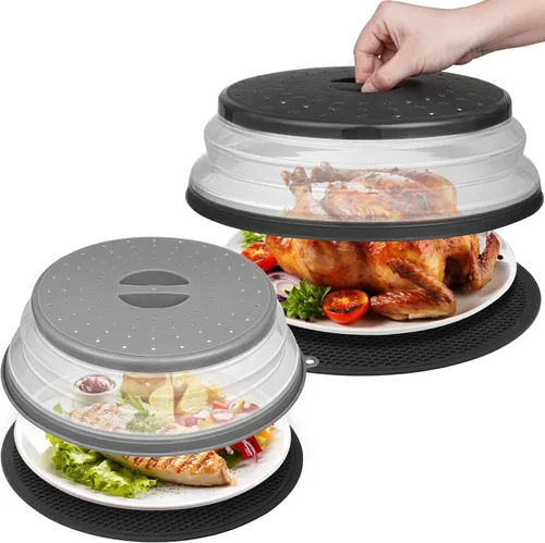 Miniatura 10 de 12" Cubierta para microondas y esterilla, tapa grande con ventilación plegable para evitar salpicaduras, placa de cocina redonda de silicona Gris