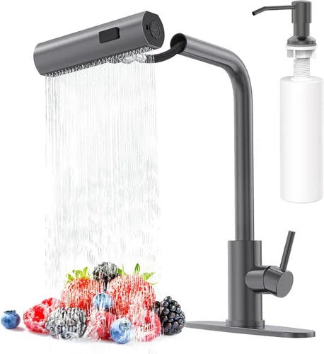 Miniatura 13 de AVSIILE Grifos de cocina en cascada de color negro mate con rociador desplegable y dispensador de jabón, un solo orificio y mango, grifo extraíble