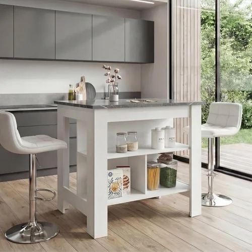 Miniatura 2 de Tuhome Cala Isla de cocina con mesa antimicrobiana, tres estantes abiertos, superficie de visualización superior y estación de trabajo de asiento