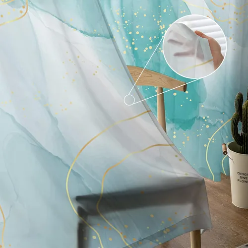 Miniatura 5 de Sheer Curtains 63 Inch Long Teal Marble Golden Lines Modern Ombre Abstract Rod Pocket Voile Semi-Sheer Window Treatment Drapes for Bedroom Nursery