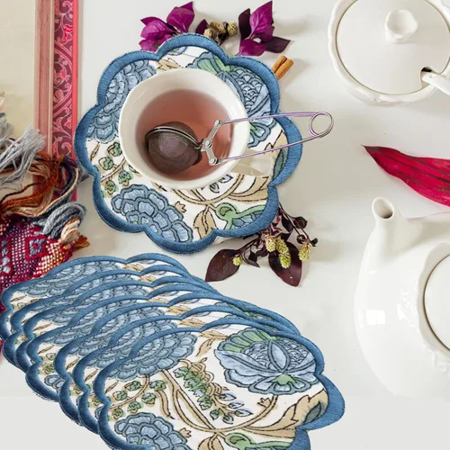 Ridhi Juego de 8 Posavasos de Impresión en Bloque Manual de Lona de Algodón Absorbente para Bebidas con Elegante Bordado Festoneado Estilo Bohemio