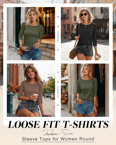 Miniatura 4 de Ficerd Paquete de 3 camisetas de manga 3/4 para mujer, cuello redondo, camisetas básicas elegantes, casuales, modernas, holgadas