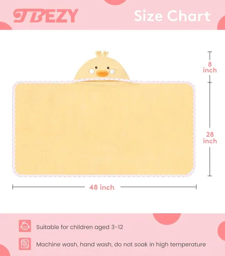 Miniatura 2 de TBEZY Toalla con capucha para niños, 100% algodón, ultra suave, con diseño único de animales, grande para niños de 3 a 10 años (Pollito)