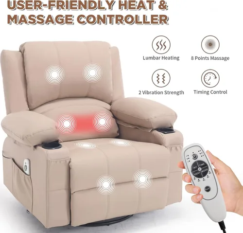 Miniatura 4 de Mecedora reclinable giratoria de piel sintética con portavasos para calor y masaje, silla mecedora con relleno, silla reclinable con calefacción