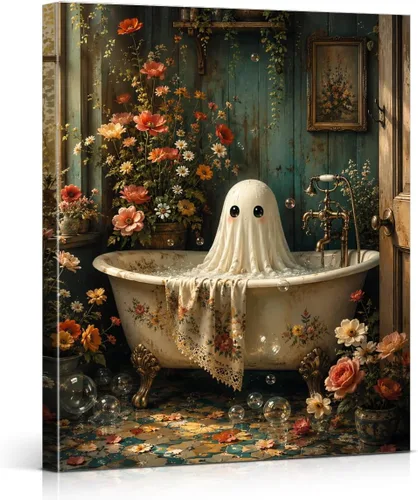 Miniatura 13 de QPVXSST Arte de Pared Interesante de Fantasma de Halloween para Baño, Póster Impreso en Lienzo de Estilo Gótico, Decoración de Baño con Diseño
