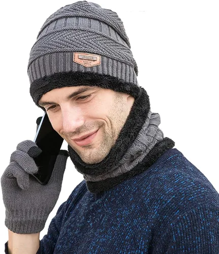 Gorro de invierno para hombre, bufanda y guantes de pantalla táctil, forro polar, bufanda y guantes para hombre y mujer