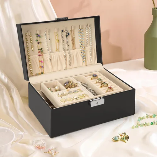 Miniatura 5 de AKOZLIN Joyero de viaje organizador funcional de 2 bandejas de cuero con cerradura portátil para mujeres y niñas, anillo collar, aretes, pulsera