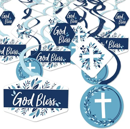Big Dot of Happiness Blue Elegant Cross - Decoración para colgar en fiestas religiosas para niños, remolinos de decoración de fiesta, juego de 40