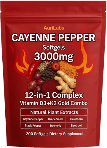 Suplemento de cápsulas blandas de pimienta de cayena EILTEAU Aurivita | Vitamina D3+K2, remolacha, extracto de semilla de uva, espino