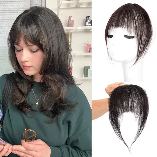 Miniatura 19 de Flequillo con clip, extensiones de cabello humano 100 % real, flequillo con clip para mujer, extensiones curvadas para uso diario